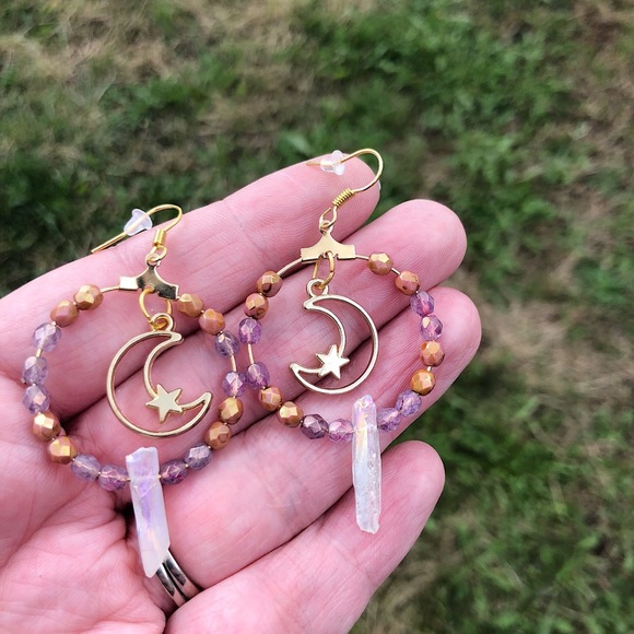 Boho crystal moon hoop earrings - Picture 2 of 3